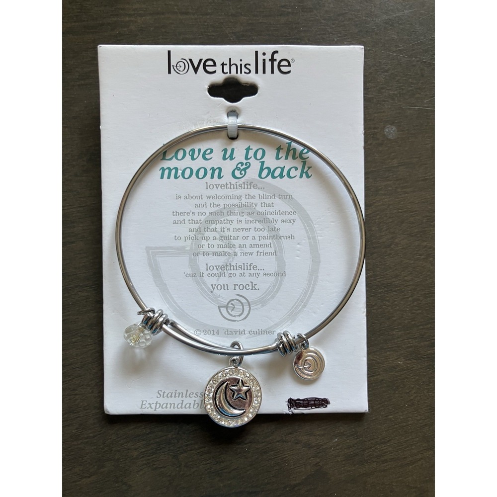 Love This Life Moon & Back Charm Bracelet Silver Tone Expandable NWT Gift New